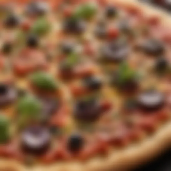 A close-up of a colorful vegetarian pizza topped with an assortment of herbs and spices.