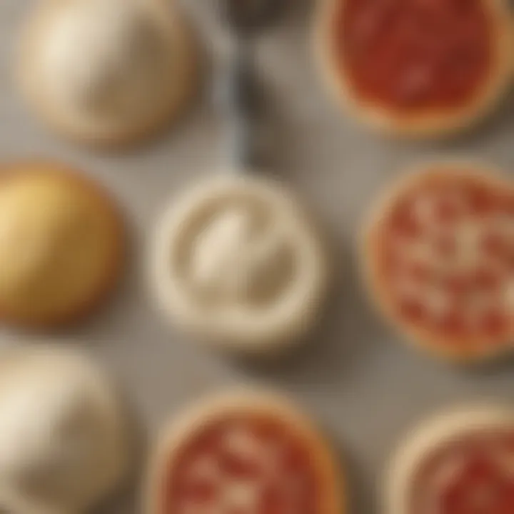 A close-up view of the various attachments for a pizza dough mixer highlighting versatility