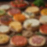 An array of colorful vegan cheese varieties suitable for pizza.