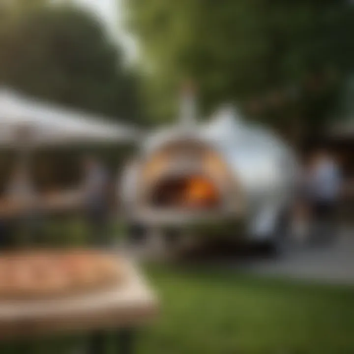 A bustling catering event with a mobile pizza oven attracting guests