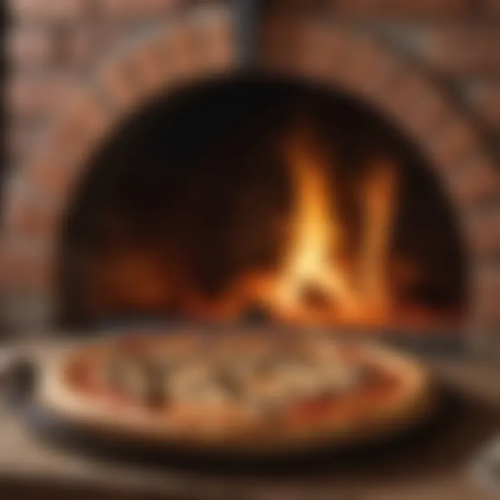 Traditional deep pizza being baked in a brick oven