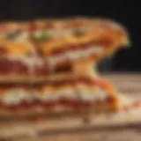 Cross-section of deep pizza showcasing layers of cheese and toppings