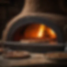 A rustic wood-fired pizza oven glowing with embers