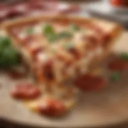 A close-up of a slice of pizza parm topped with rich sauce and melted cheese