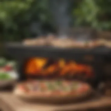 Outdoor Wood Pizza Grill Experience An outdoor setup featuring a wood pizza grill in action, surrounded by fresh ingredients and tools.