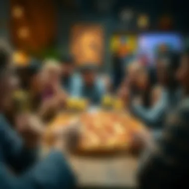 Shared Enjoyment of Pepperoni Pineapple Pizza A diverse group of individuals enjoying pepperoni pineapple pizza at a lively gathering