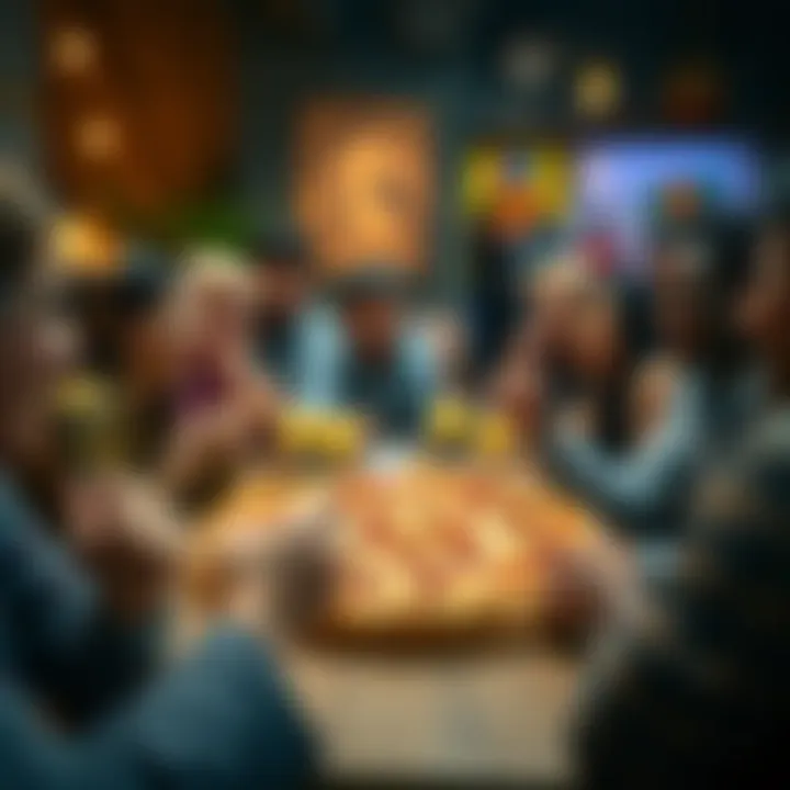 Shared Enjoyment of Pepperoni Pineapple Pizza A diverse group of individuals enjoying pepperoni pineapple pizza at a lively gathering