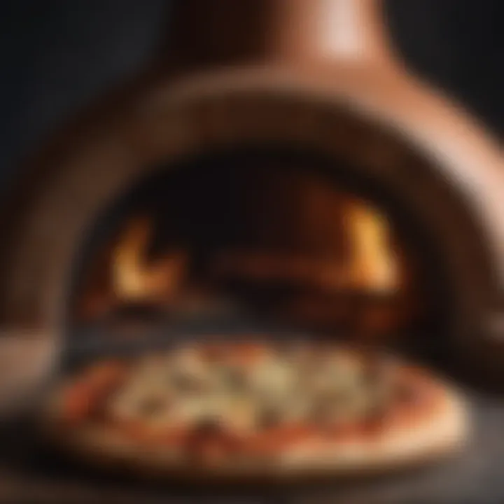 An overhead view of a rustic pizza oven, glowing with fire and ready for baking.