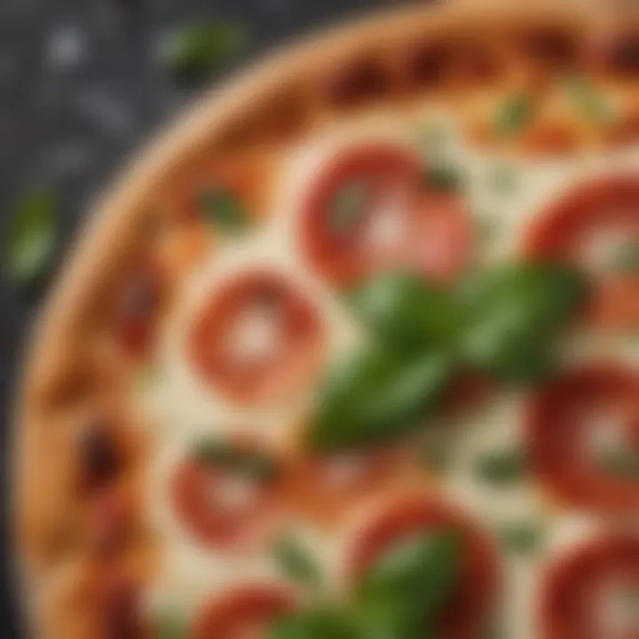 A close-up of a classic Margherita pizza with fresh basil