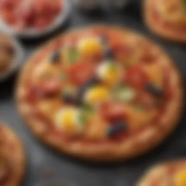 A close-up of a croissant breakfast pizza topped with fresh ingredients