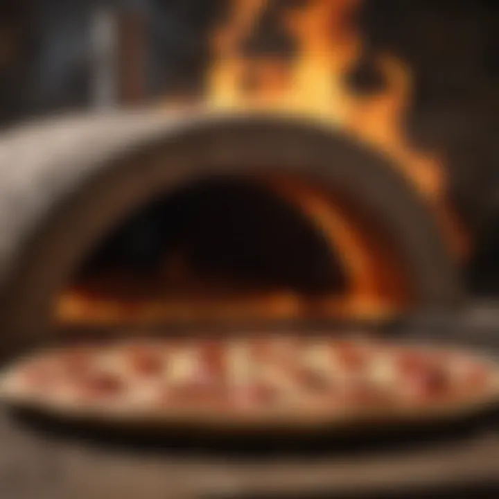 Giant pizza oven in action, with flames and heat radiating during a pizza-making session