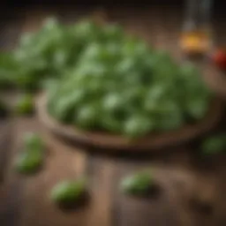 Vibrant fresh basil leaves arranged on a rustic wooden table