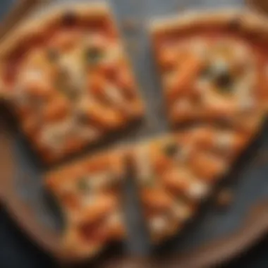 A close-up view of a slice of fish pizza, highlighting the texture and colors