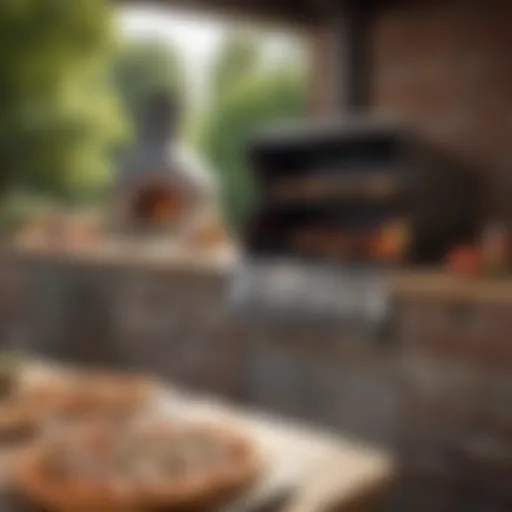 A gas barbecue showcasing its grilling features alongside a pizza oven.
