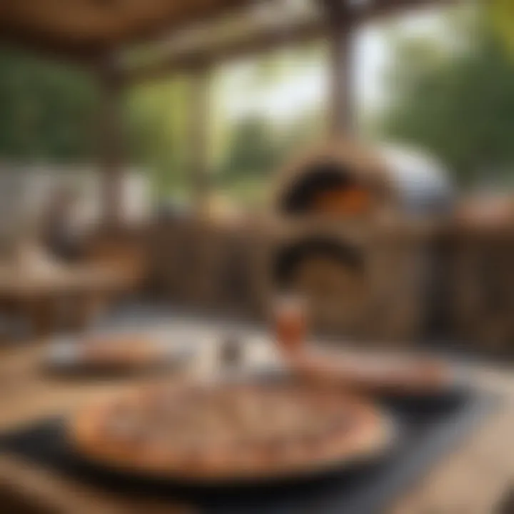 An outdoor dining setup featuring a gas barbecue and a pizza oven, ready for guests.