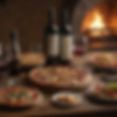 Gourmet Wine and Pizza Dining Experience A beautifully arranged wine and pizza pairing table set for a gourmet experience.