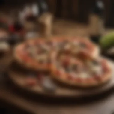 A selection of wines paired with gourmet pizzas on a rustic wooden table.