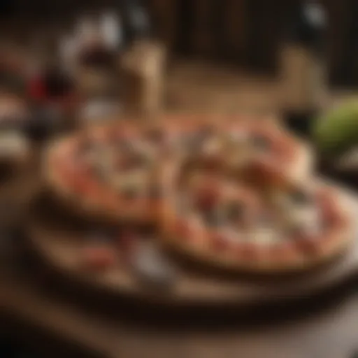 A selection of wines paired with gourmet pizzas on a rustic wooden table.