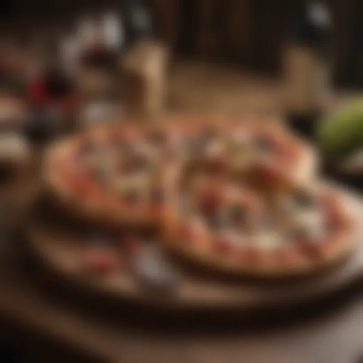 A selection of wines paired with gourmet pizzas on a rustic wooden table.