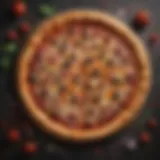 A creative pizza advertisement featuring vibrant colors and bold typography.