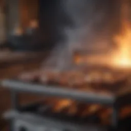Artistic display of a traditional barbecue grill with smoke rising