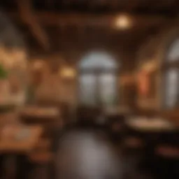 An inviting interior of a rustic pizzeria showcasing wooden tables and a vibrant atmosphere