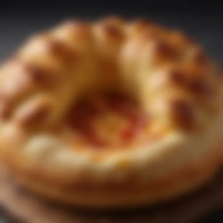 A close-up of the crusty exterior of a freshly baked pizza bread bowl