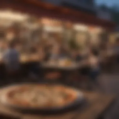 A bustling outdoor pizzeria patio filled with engaged diners enjoying their meals