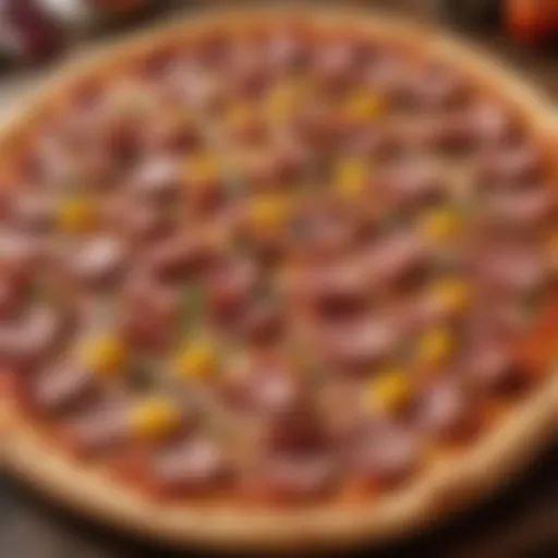 A vibrant pizza topped with various meats, showcasing culinary diversity.