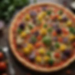 A vibrant cauliflower pizza topped with an array of colorful vegetables and herbs.