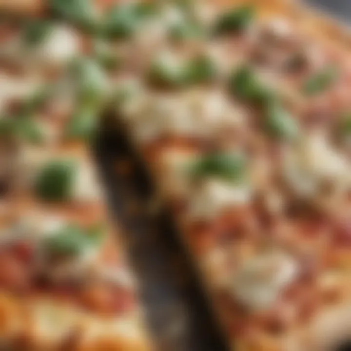 A close-up of a slice of cauliflower pizza, emphasizing its texture and nutritional toppings.