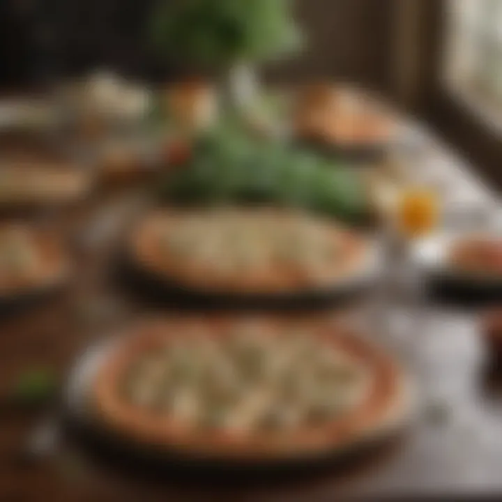 A beautifully styled dining table set with slices of cauliflower pizza and fresh ingredients.