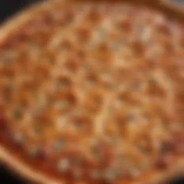 A close-up shot showcasing the unique texture of pretzel pizza crust.