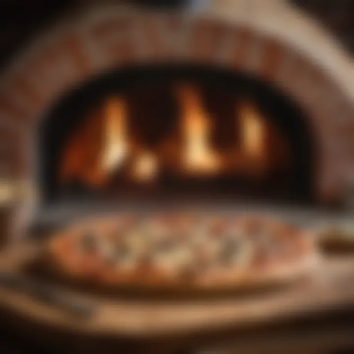 Freshly baked pizza emerging from a wood brick oven, highlighting the cooking method