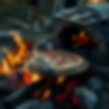 A cozy campfire setting with a pizza cooking in a stone oven.