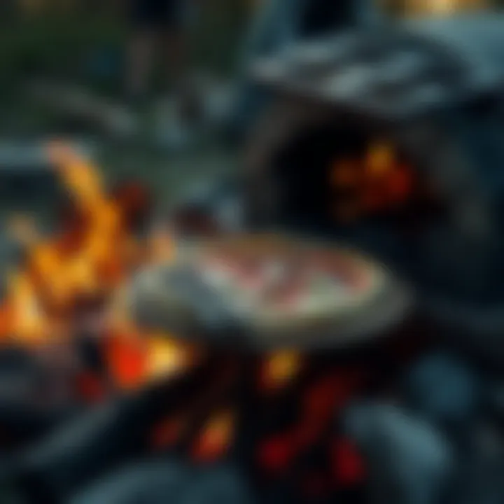 A cozy campfire setting with a pizza cooking in a stone oven.