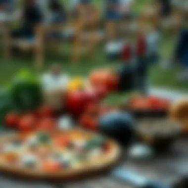 Various types of pizza ingredients arranged artistically on a picnic table.
