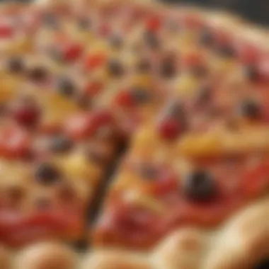 A close-up of a dessert pizza with a crispy crust and rich toppings