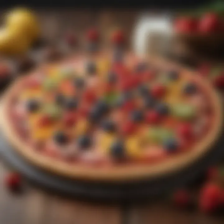 A delectable dessert pizza topped with fresh fruits and drizzled with chocolate