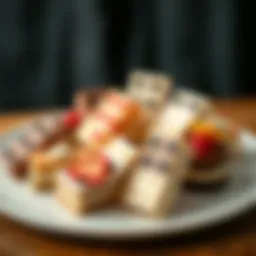 A beautifully arranged plate of domino-shaped desserts showcasing various flavors.