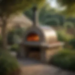 A stunning outdoor garden setup featuring a modern pizza oven