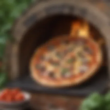 Perfectly Baked Pizza in a Garden Oven A close-up view of a perfectly baked pizza inside a garden pizza oven