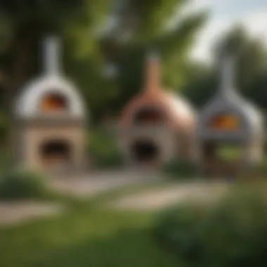 Variety of Garden Pizza Ovens An array of different types of garden pizza ovens displayed in a picturesque garden