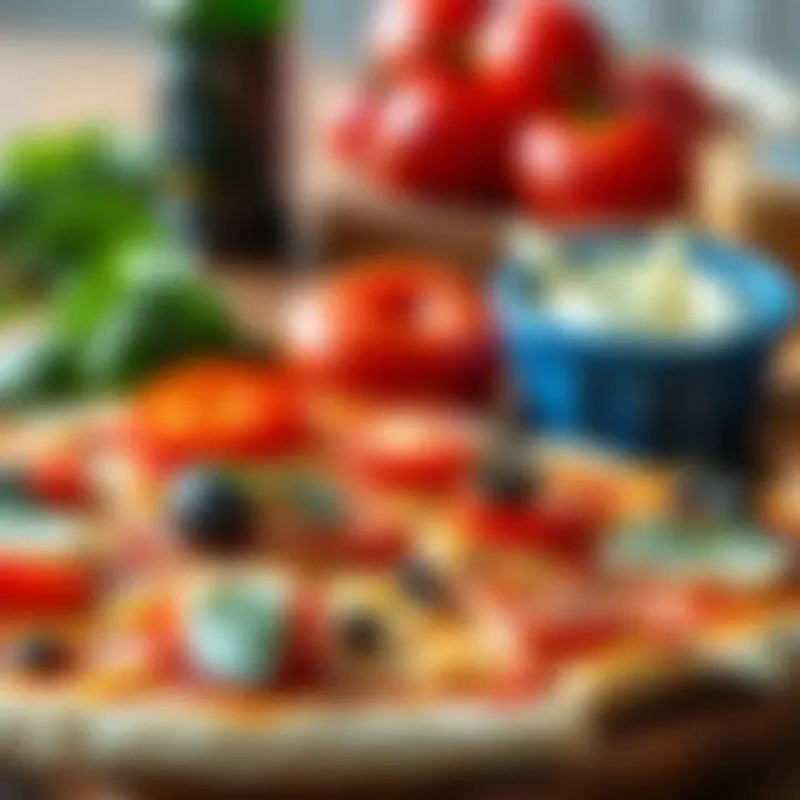 A close-up of fresh ingredients prepared for a gourmet pizza creation.