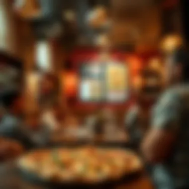 Pizzeria Atmosphere A bustling pizzeria atmosphere with diners enjoying their pizza experience.