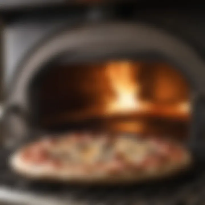 Close-up of a pizza baking inside a propane oven