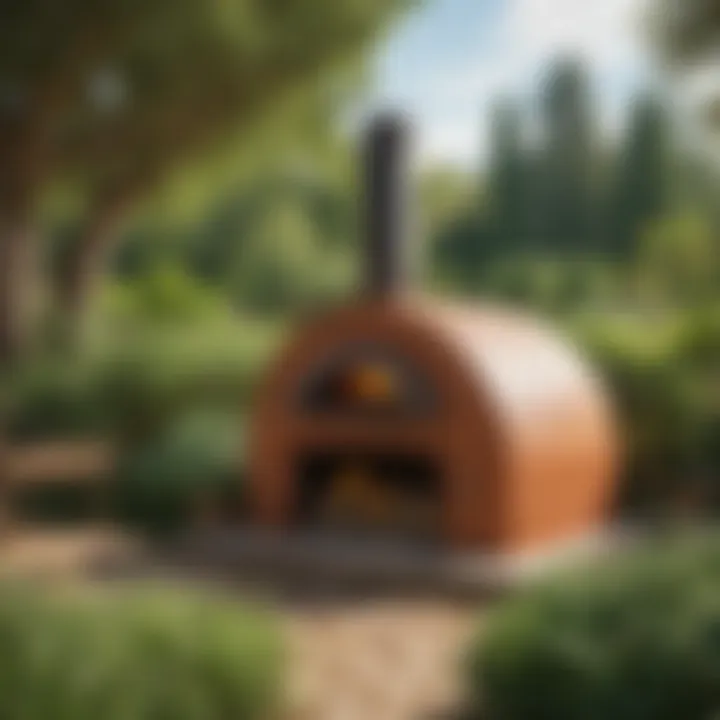 A beautifully crafted wood pizza oven surrounded by a vibrant garden.