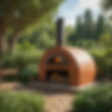 Wood Pizza Oven in a Lush Outdoor Environment A beautifully crafted wood pizza oven surrounded by a vibrant garden.