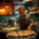 Artistry in Pizza Making Artistic pizzaiolo in action amidst a vibrant pizzeria setting