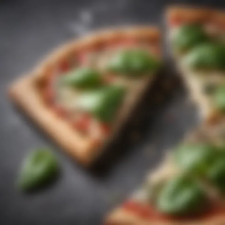 Delicate basil leaves on a thin pizza slice